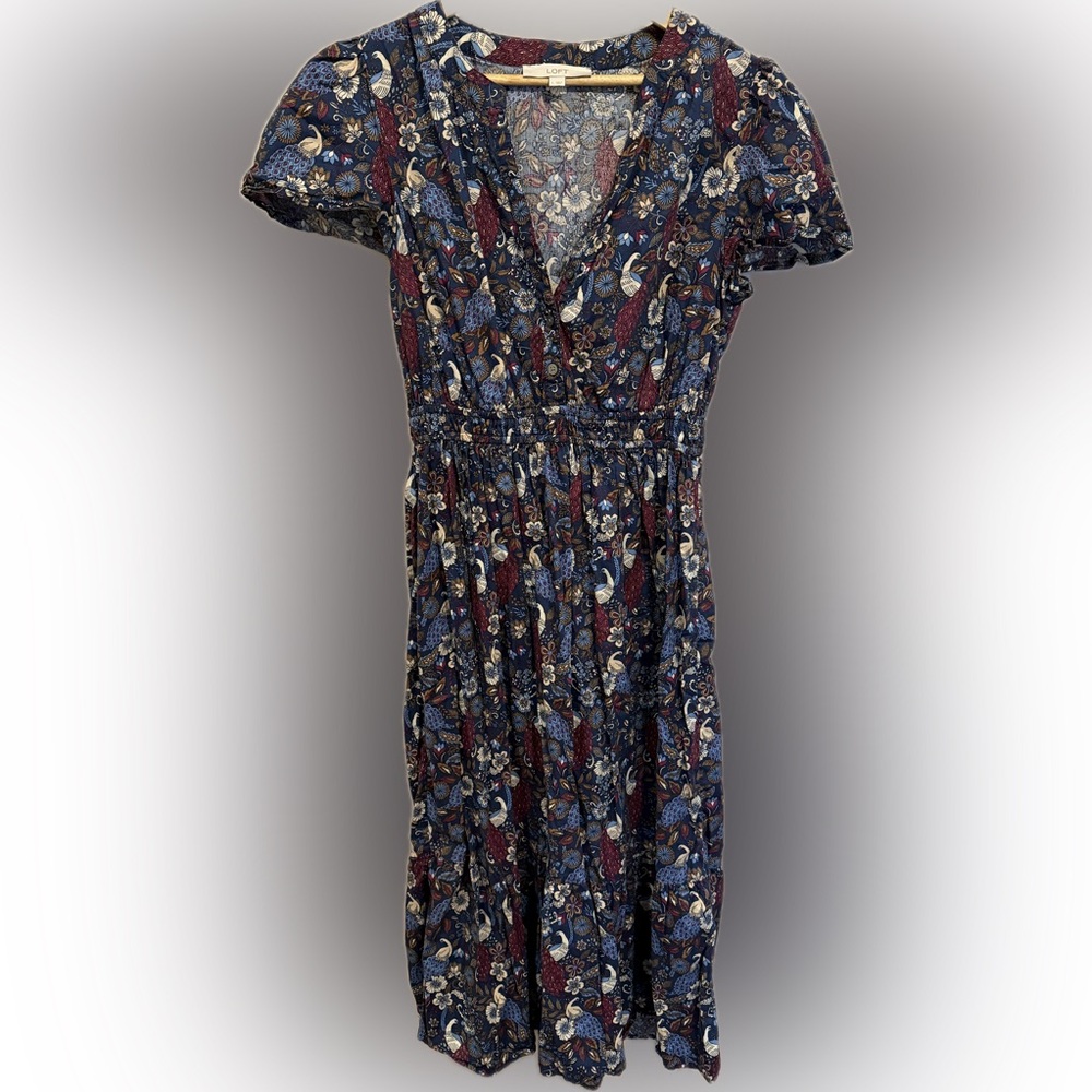 LOFT Navy & Burgundy Paisley Midi Dress